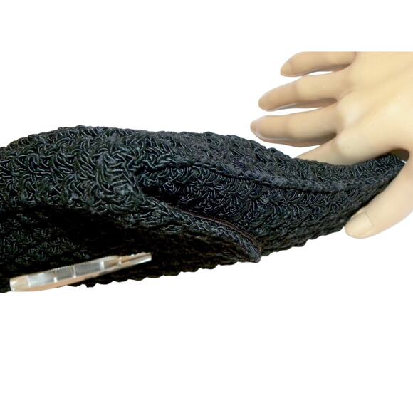 40's Large Black Cordé Envelope Clutch Bag w Lucite Decorative Clasp - Picture 9 of 10